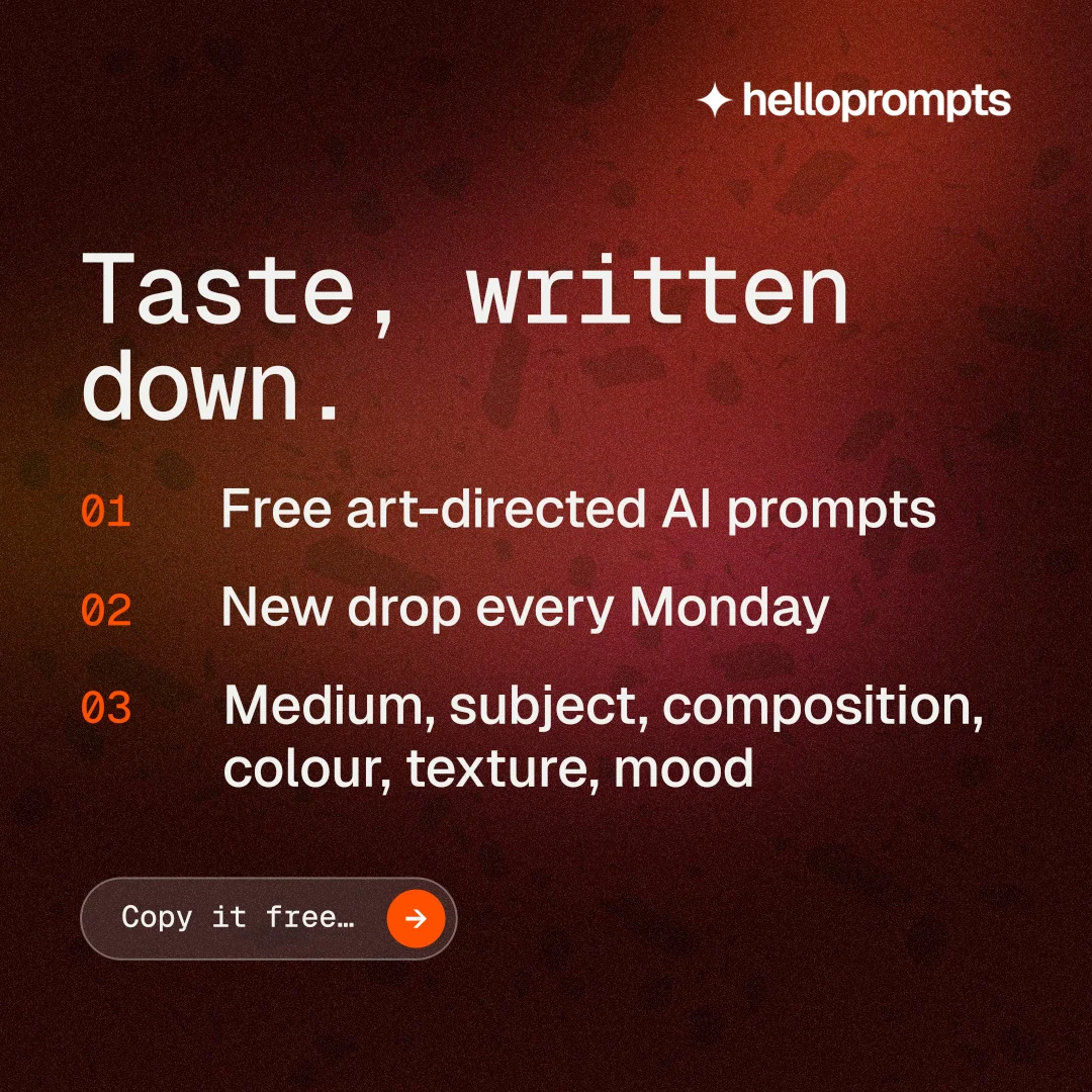 Instagram post for HelloPrompts: "Taste, written down." Agentic glass style, numbered layout, dark palette in black, red.