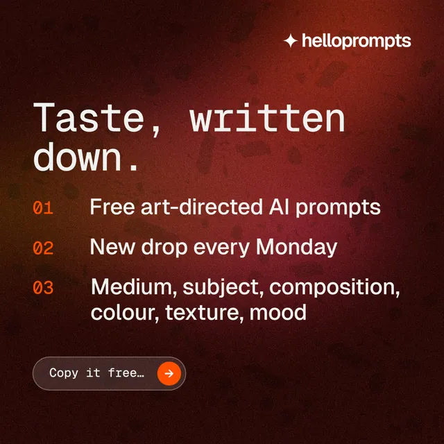 Instagram post for HelloPrompts: "Taste, written down." Agentic glass style, numbered layout, dark palette in black, red.
