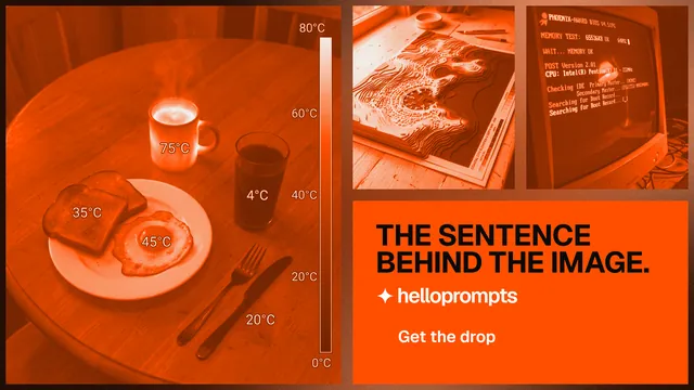 Landscape graphic for HelloPrompts: "The sentence behind the image." Swiss style, collage layout, dark palette in orange.