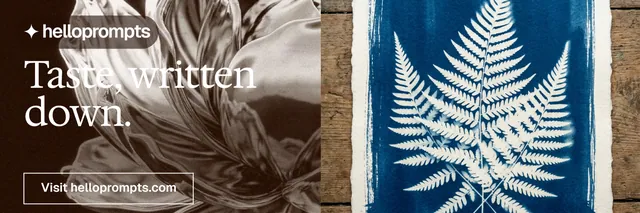 X header for HelloPrompts: "Taste, written down." Editorial style, bottom layout, light palette in grey, black, orange.