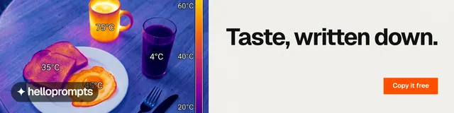 LinkedIn banner for HelloPrompts: "Taste, written down." Swiss style, right layout, light palette in white, purple, grey.