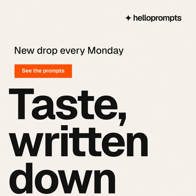 Instagram post for HelloPrompts: "Say it like an art director." Swiss style, oversized layout, light palette in white, grey, orange.