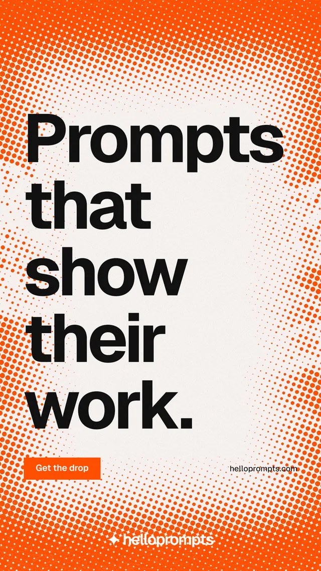 Instagram story for HelloPrompts: "Prompts that show their work." Swiss style, poster layout, light palette in orange, white.