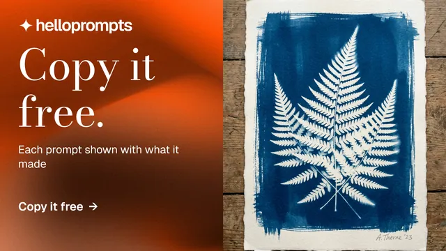 Landscape graphic for HelloPrompts: "Copy it free." Minimal luxury style, bottom layout, dark palette in orange, black, brown.
