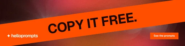 LinkedIn banner for HelloPrompts: "Copy it free." Swiss style, diagonal layout, dark palette in orange, red.