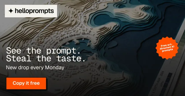 Social ad for HelloPrompts: "See the prompt. Steal the taste." Brutalist style, sticker layout, dark palette in black, grey, orange.