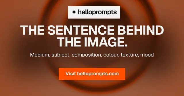 Social ad for HelloPrompts: "The sentence behind the image." Swiss style, centred layout, dark palette in brown, orange.
