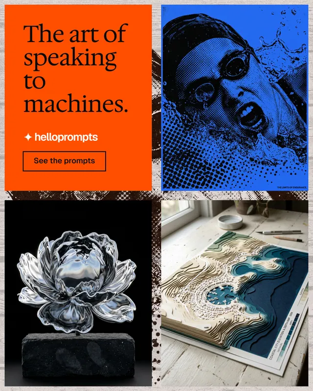 Instagram portrait post for HelloPrompts: "The art of speaking to machines." Editorial style, collage layout, dark palette in black, red, grey.