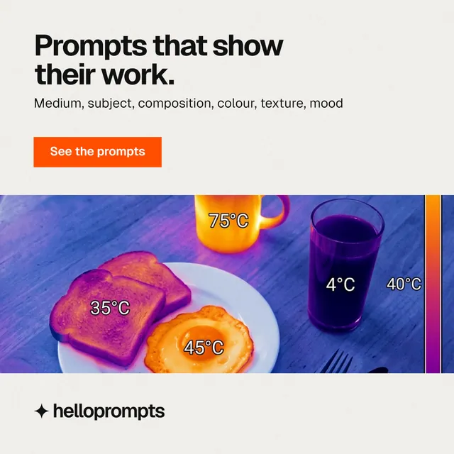 Instagram post for HelloPrompts: "Prompts that show their work." Swiss style, skeleton layout, light palette in white, purple, grey.