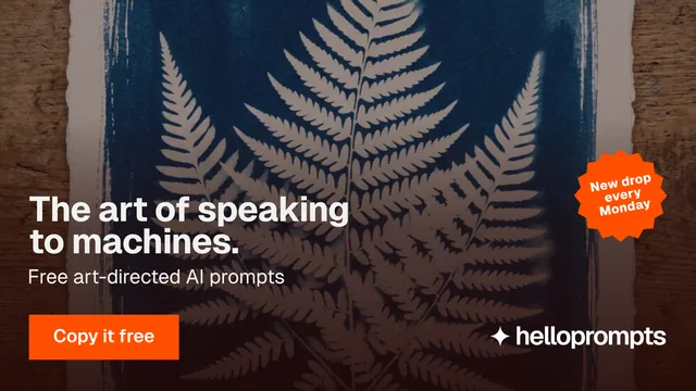 Landscape graphic for HelloPrompts: "The art of speaking to machines." Swiss style, sticker layout, dark palette in red, blue, orange.