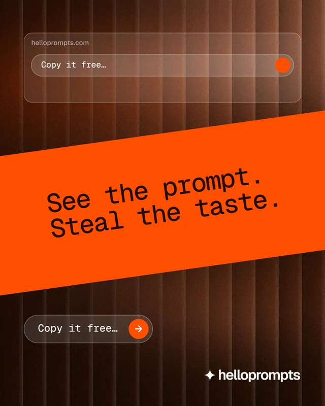 Instagram portrait post for HelloPrompts: "See the prompt. Steal the taste." Agentic glass style, diagonal layout, dark palette in orange, black, brown.