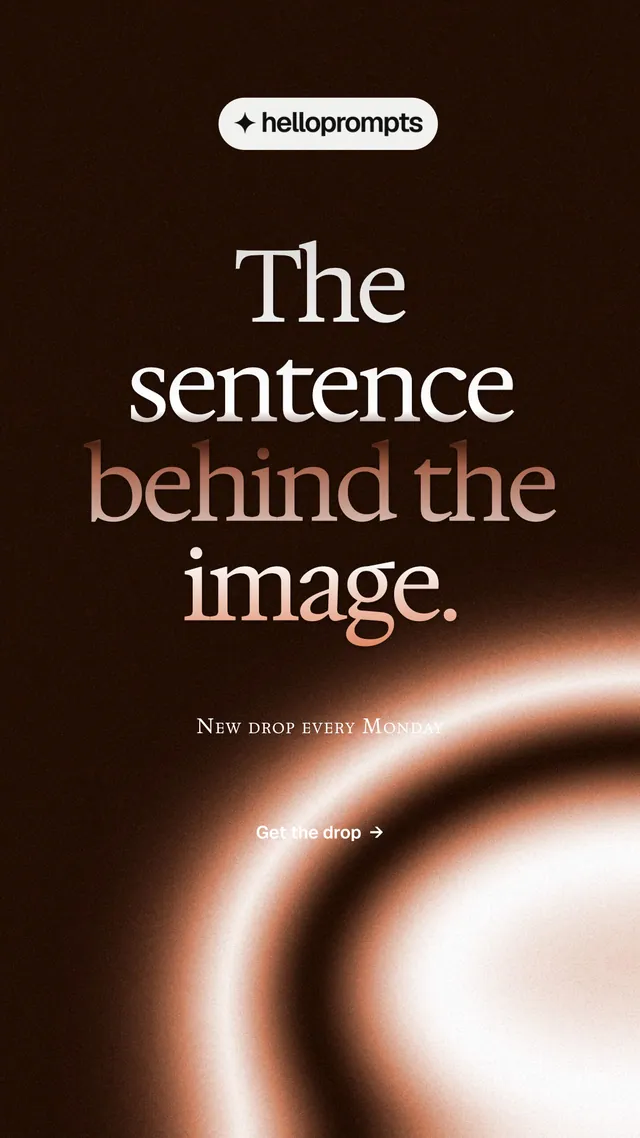 Instagram story for HelloPrompts: "The sentence behind the image." Y2K style, smallcaps layout, dark palette in black, orange.