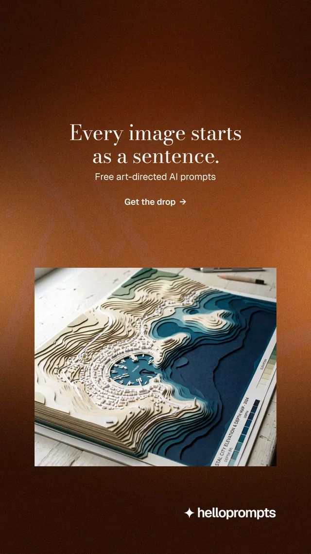 Instagram story for HelloPrompts: "Every image starts as a sentence." Minimal luxury style, centred layout, dark palette in black, orange, grey.