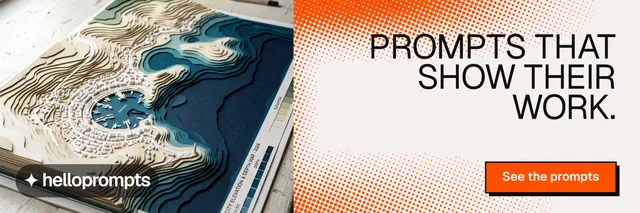 X header for HelloPrompts: "Prompts that show their work." Brutalist style, right layout, light palette in orange, white, grey.