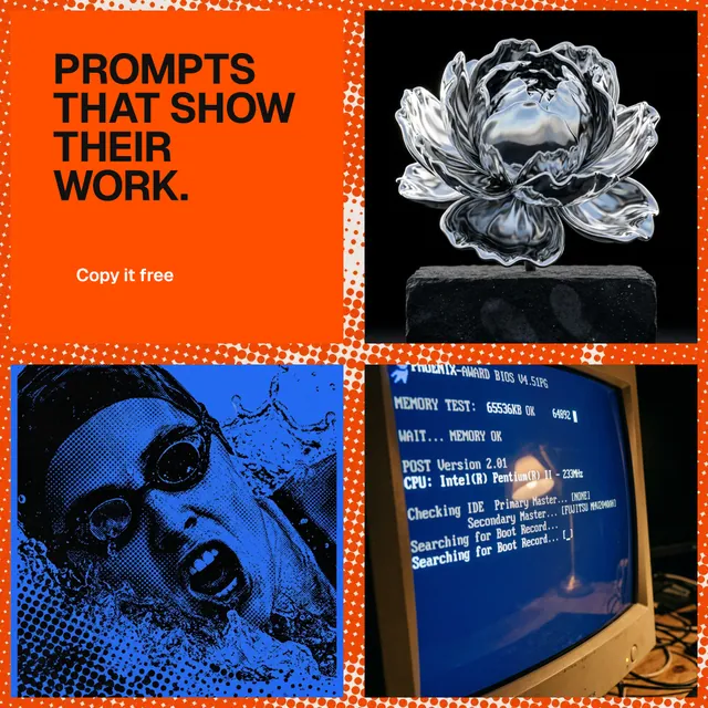 Instagram post for HelloPrompts: "Prompts that show their work." Swiss style, collage layout, dark palette in orange, black, grey.