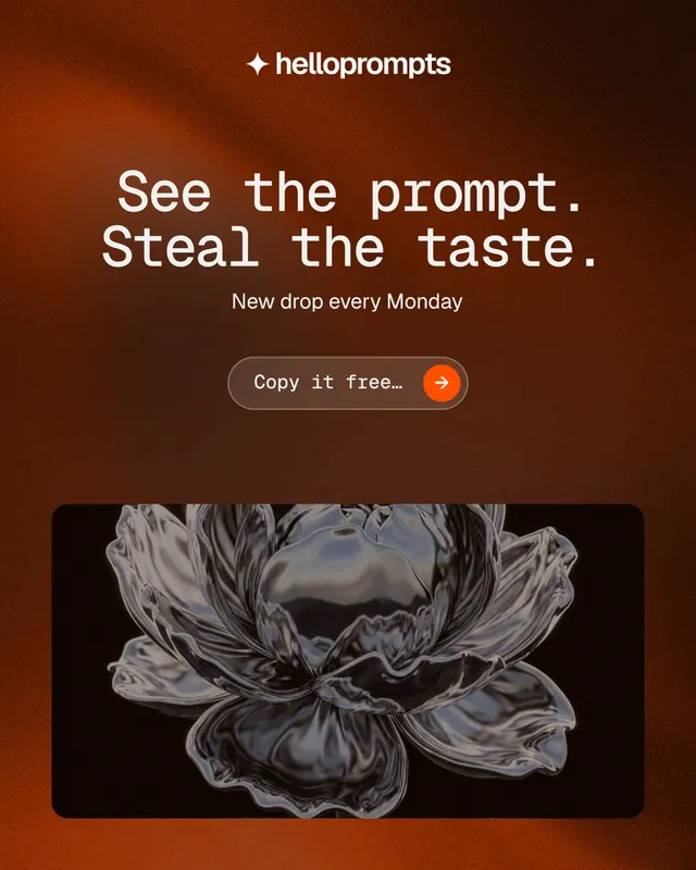 Instagram portrait post for HelloPrompts: "See the prompt. Steal the taste." Agentic glass style, centred layout, dark palette in orange, black, grey.
