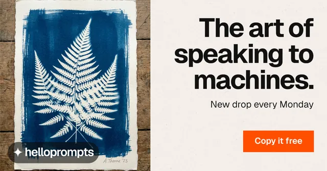 Social ad for HelloPrompts: "The art of speaking to machines." Swiss style, right layout, light palette in white, blue, grey.