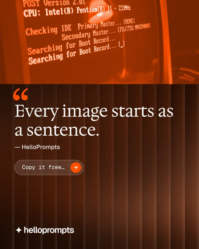 Instagram portrait post for HelloPrompts: "Prompts that show their work." Agentic glass style, quote layout, dark palette in orange, brown.