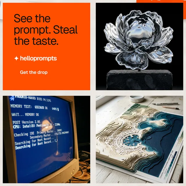 Instagram post for HelloPrompts: "See the prompt. Steal the taste." Swiss style, collage layout, dark palette in black, brown, orange.