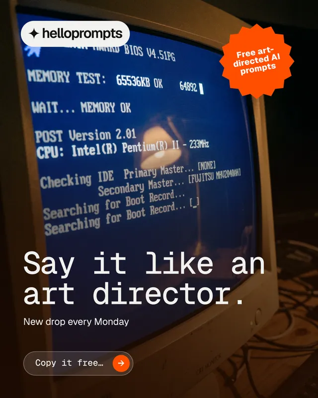 Instagram portrait post for HelloPrompts: "Say it like an art director." Agentic glass style, sticker layout, dark palette in black, blue, red.