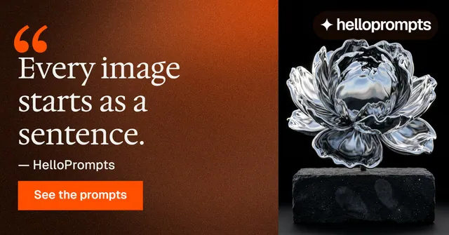 Social ad for HelloPrompts: "Prompts that show their work." Swiss style, quote layout, dark palette in black, orange, brown.