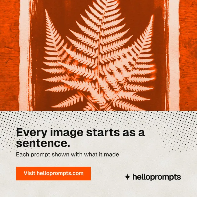 Instagram post for HelloPrompts: "Every image starts as a sentence." Retro print style, bottom layout, light palette in orange, brown, white.