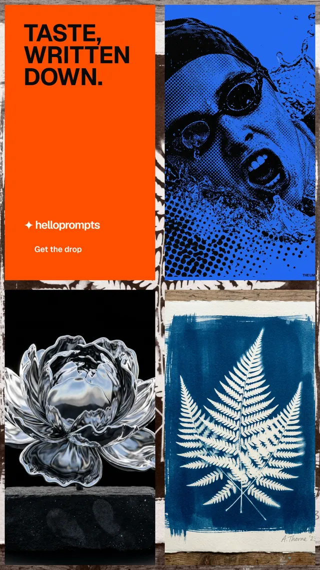 Instagram story for HelloPrompts: "Taste, written down." Swiss style, collage layout, dark palette in black, grey, red.