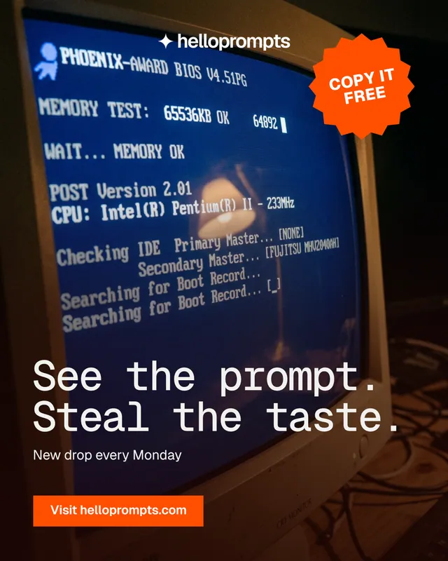 Instagram portrait post for HelloPrompts: "See the prompt. Steal the taste." Swiss style, sticker layout, dark palette in black, blue, red.