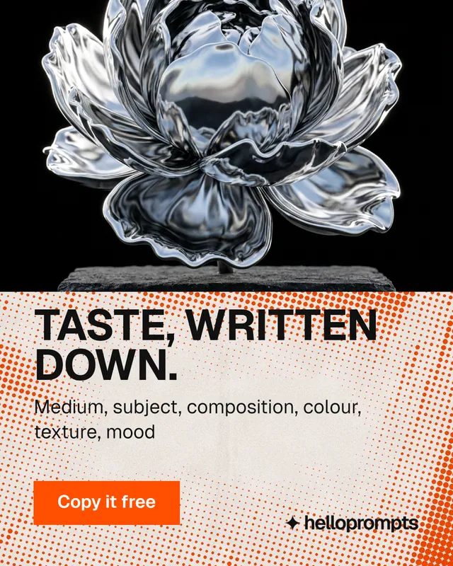 Instagram portrait post for HelloPrompts: "Taste, written down." Swiss style, skeleton layout, light palette in black, grey, orange.