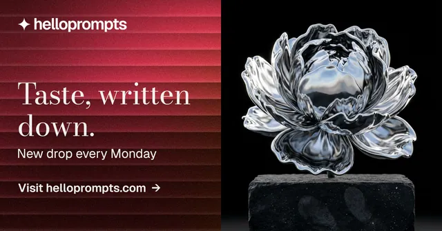 Social ad for HelloPrompts: "Taste, written down." Minimal luxury style, bottom layout, dark palette in red, black, grey.