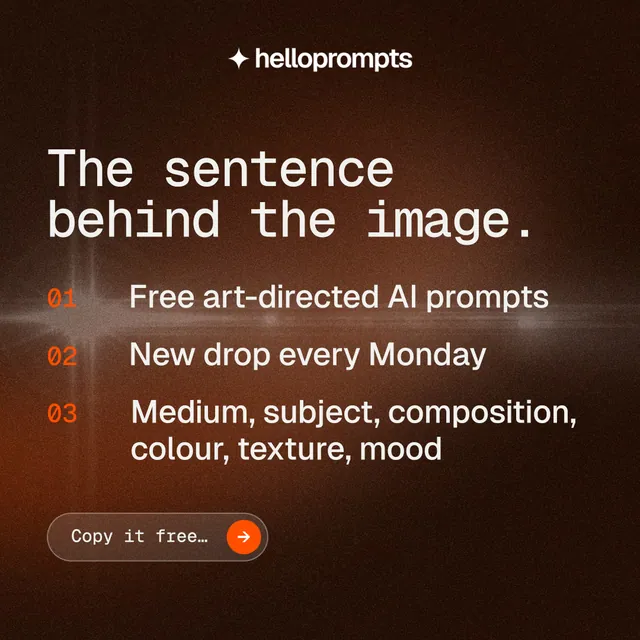 Instagram post for HelloPrompts: "The sentence behind the image." Agentic glass style, numbered layout, dark palette in black, orange, grey.