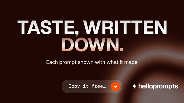 Landscape graphic for HelloPrompts: "Taste, written down." Agentic glass style, centred layout, dark palette in black, grey, red.
