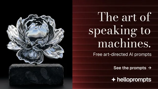 Landscape graphic for HelloPrompts: "The art of speaking to machines." Minimal luxury style, right layout, dark palette in black, red, grey.