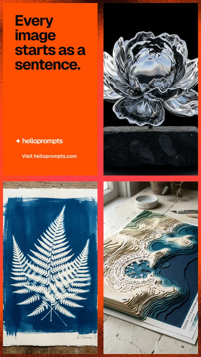 Instagram story for HelloPrompts: "Every image starts as a sentence." Swiss style, collage layout, dark palette in black, orange, grey.