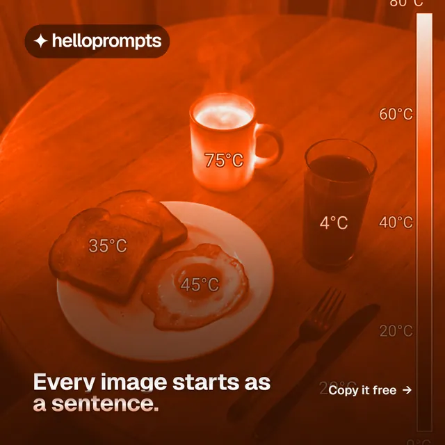 Instagram post for HelloPrompts: "Every image starts as a sentence." Y2K style, image led layout, dark palette in orange, brown.