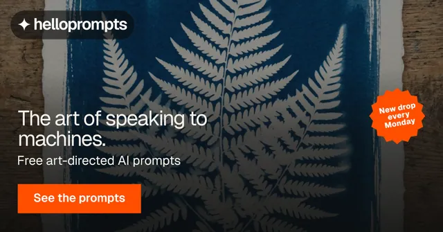 Social ad for HelloPrompts: "The art of speaking to machines." Swiss style, sticker layout, dark palette in black, grey, orange.