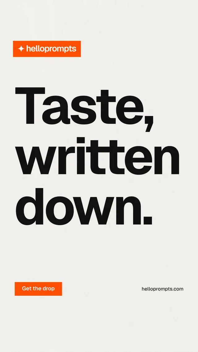 Instagram story for HelloPrompts: "Taste, written down." Swiss style, poster layout, light palette in white, grey.