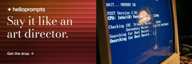 X header for HelloPrompts: "Say it like an art director." Minimal luxury style, bottom layout, dark palette in red, blue, grey.