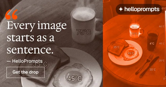 Social ad for HelloPrompts: "Every image starts as a sentence." Editorial style, quote layout, dark palette in orange, brown, grey.