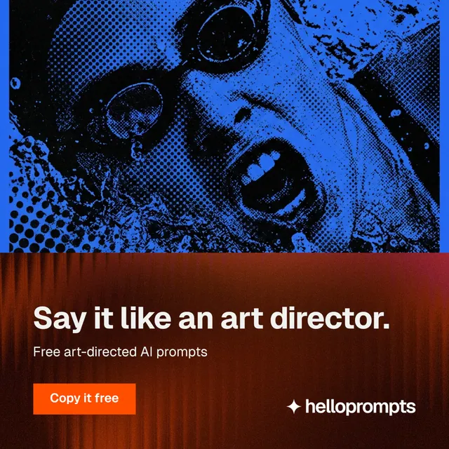Instagram post for HelloPrompts: "Say it like an art director." Swiss style, bottom layout, dark palette in red, black, blue.