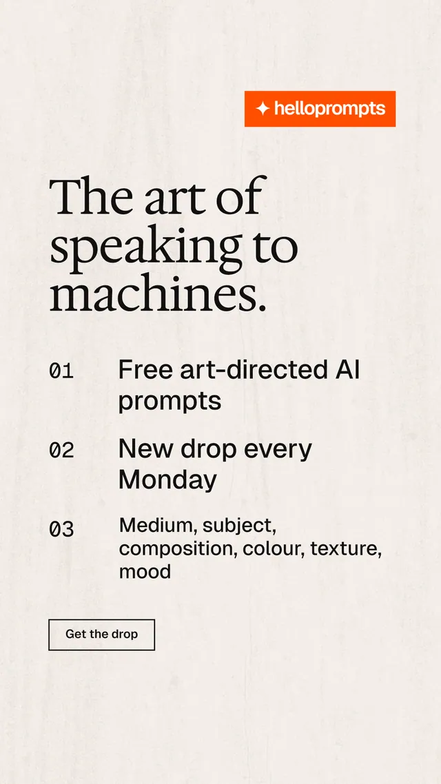 Instagram story for HelloPrompts: "The art of speaking to machines." Editorial style, numbered layout, light palette in white, orange.