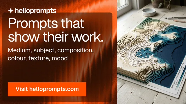 Landscape graphic for HelloPrompts: "Prompts that show their work." Swiss style, skeleton layout, dark palette in orange, brown, white.