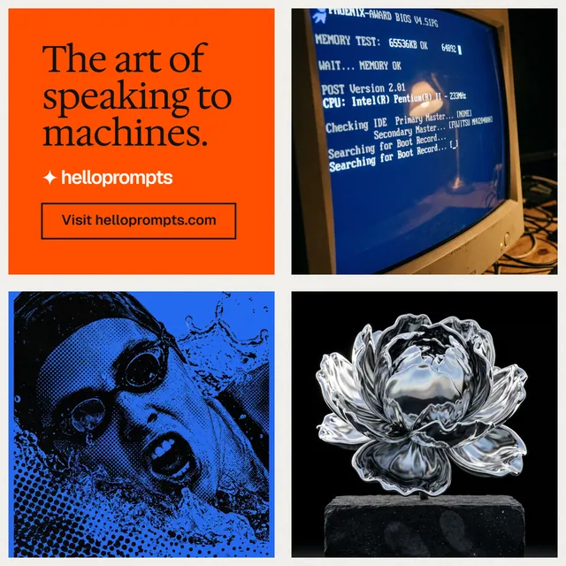 Instagram post for HelloPrompts: "The art of speaking to machines." Editorial style, collage layout, dark palette in blue, red, black.