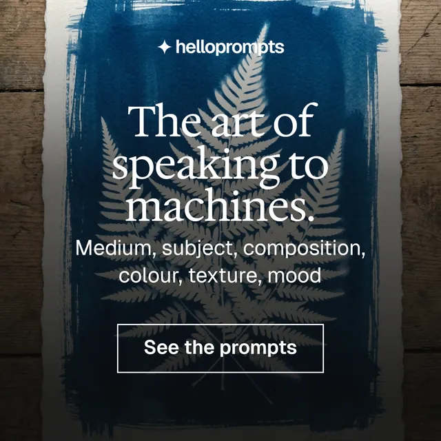 Instagram post for HelloPrompts: "The art of speaking to machines." Editorial style, skeleton layout, dark palette in blue, black, grey.
