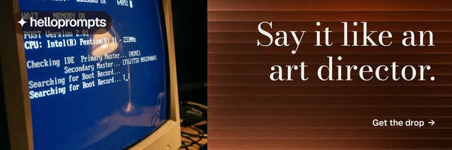 X header for HelloPrompts: "Say it like an art director." Minimal luxury style, right layout, dark palette in orange, blue, grey.