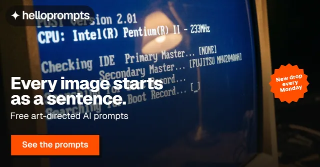 Social ad for HelloPrompts: "Every image starts as a sentence." Brutalist style, sticker layout, dark palette in blue, black, red.