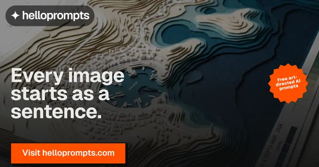 Social ad for HelloPrompts: "Every image starts as a sentence." Brutalist style, sticker layout, dark palette in black, grey, orange.