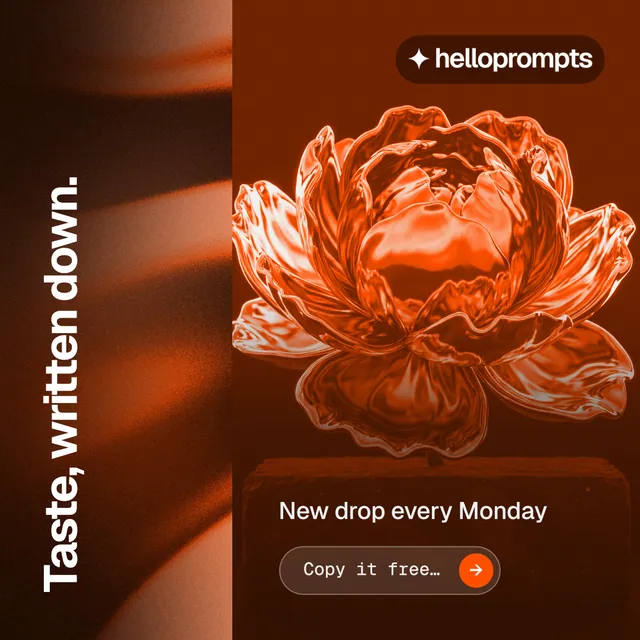 Instagram post for HelloPrompts: "Taste, written down." Agentic glass style, vertical layout, dark palette in orange, black.