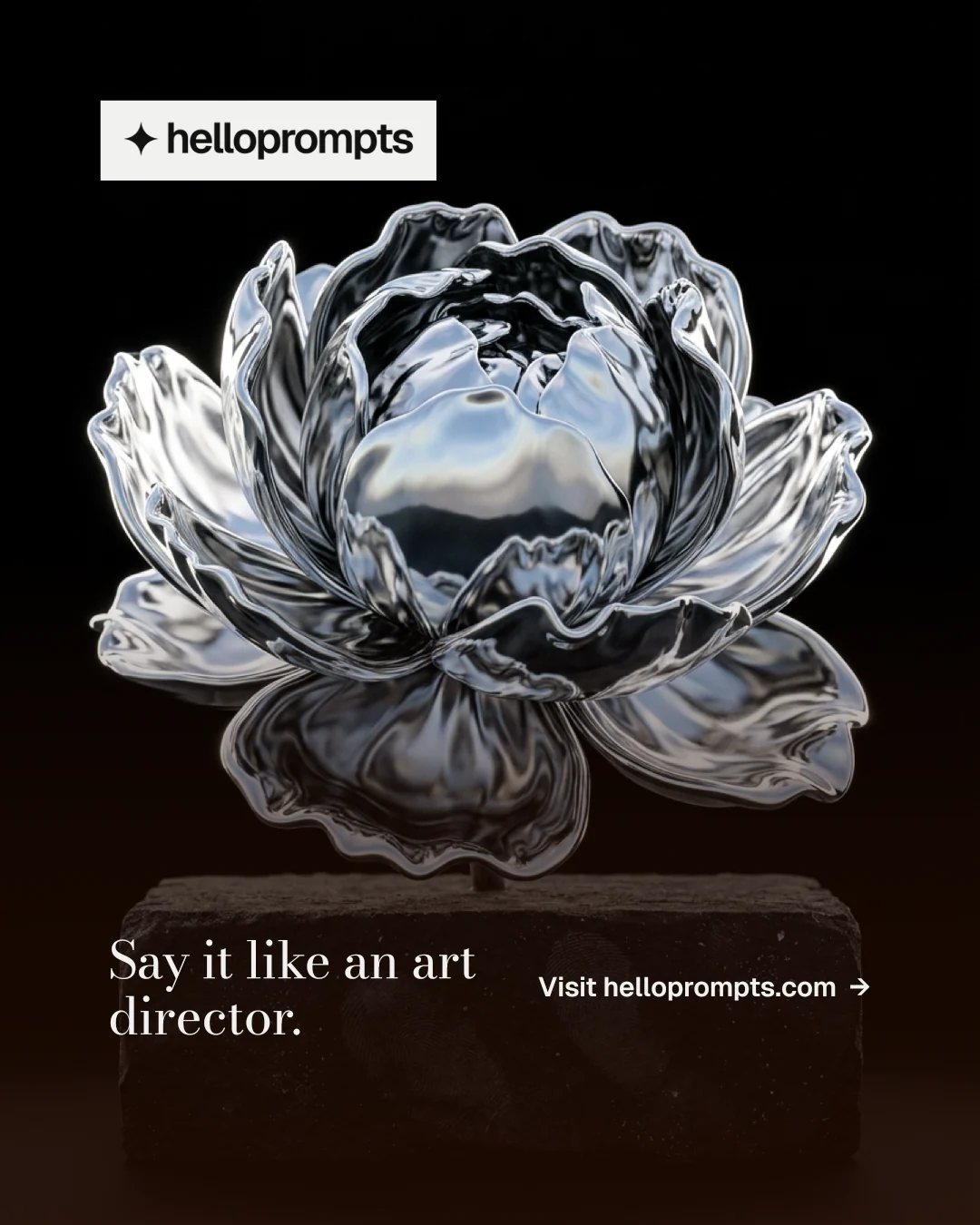 Instagram portrait post for HelloPrompts: "Say it like an art director." Minimal luxury style, image led layout, dark palette in black, grey.