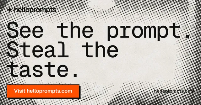 Social ad for HelloPrompts: "See the prompt. Steal the taste." Brutalist style, poster layout, light palette in grey, orange, white.